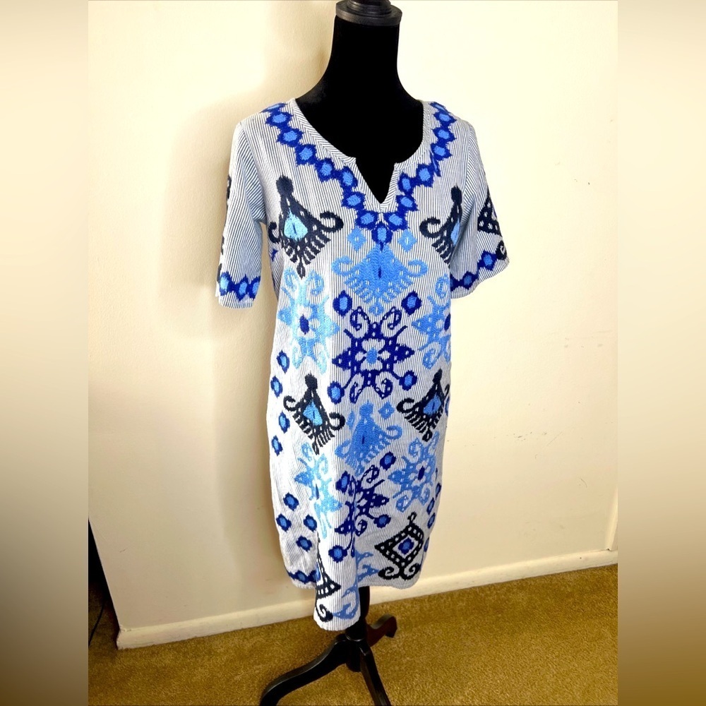 Rose and Rose preppy resort wear embroidered pinstriped tunic dress blue XS EUC - Picture 2 of 10